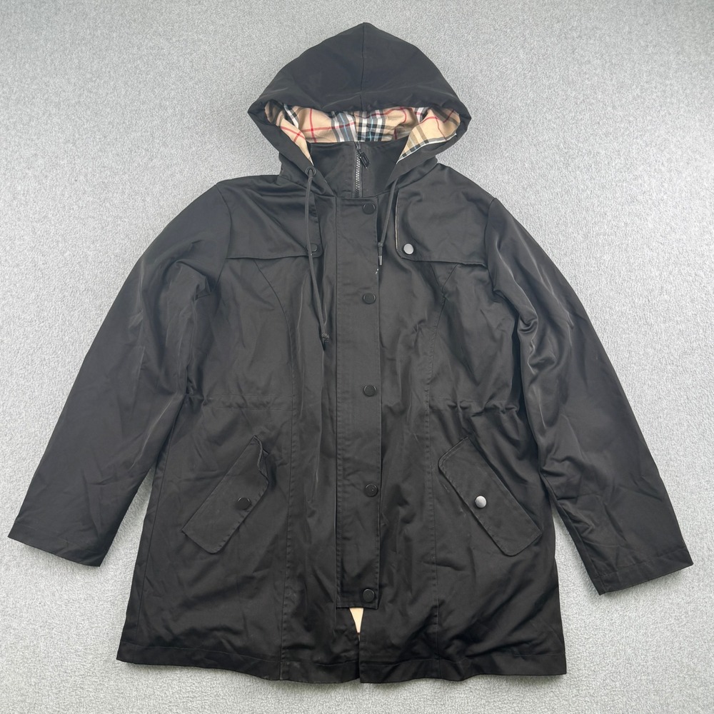 Saphirose Jacket Womens L Parka Black Plaid Lining Hooded Snap Zip Good